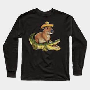 Funny Capybara Riding On a Crocodile Long Sleeve T-Shirt